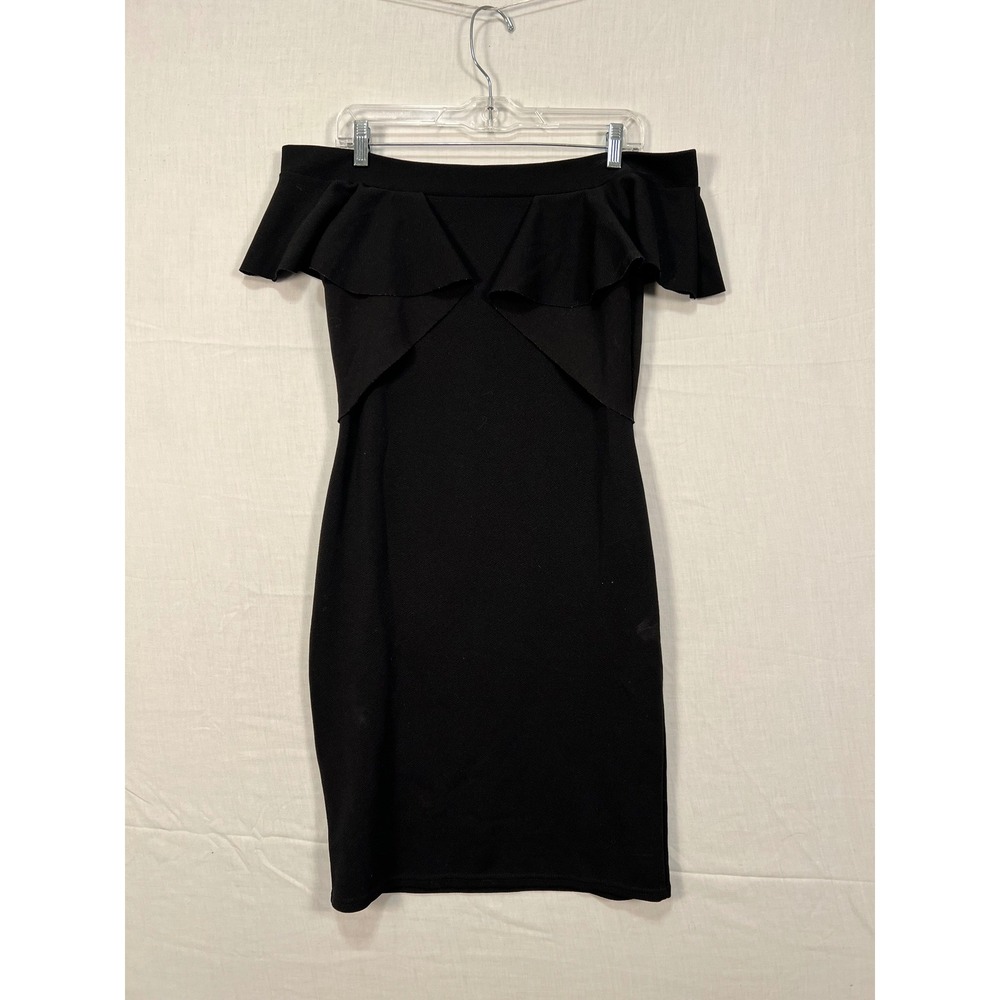 Funky Fish Black Off The Shoulder Ruffle Bodycon Cocktail Dress Made in UK 14
